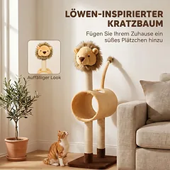 Draskyklė liūto formos, 104 cm, su stulpais, tuneliu ir kabančia uodega, katėms iki 5 kg, šviesiai ruda — 4 nuotrauka