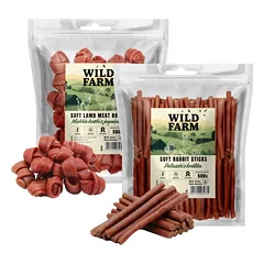 WILD FARM Minkšti ėrienos kubeliai 500g + Triušių lazdelės 500g skanėstai šunims