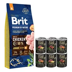 BRIT Premium By Nature Junior M 15kg + WILD FARM Monoprotein hipoalerginis šunų maistas –  skonių rinkinys 6x400g