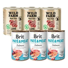 BRIT PATE & MEAT SALMON 3x800g + WILD FARM Pate Lamb 3x800g