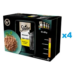 SHEBA Delicacy 48x85 g drėgnas visavertis ėdalas suaugusioms katėms želė gabaliukais su: antiena, vištiena, paukštiena, kalakutiena