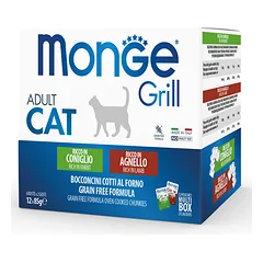 Konservuotas pašaras sterilizuotoms katėms MONGE Grill Mix su ėriena ir triušiena 85g x12vnt.