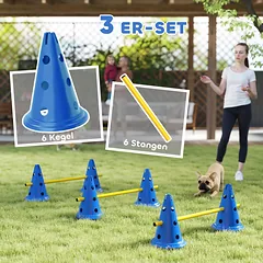 Agility rinkinys šunims: 3 kliūtys su 6 kūgiais, su nešimo krepšiu, mėlynas/geltonas — 4 nuotrauka