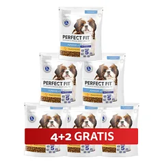 PERFECT FIT Junior <1 visavertis sausas pašaras mažų veislių šuniukams, turintis daug vištienos, 6 x 825 g, 4+2 GRATIS.
