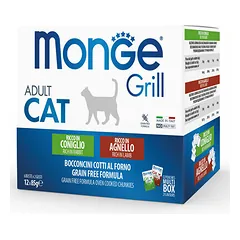Monge Grill Multipack Adult pakeliai, triušiena, ėriena, drėgnas maistas katėms 12 x 85 g