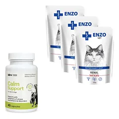 ENZO VET Renal su jautiena želė katėms 3x100g + LAB-V Calm Support - streso ir elgesio sutrikimų simptomų palaikymas 45 kapsulės