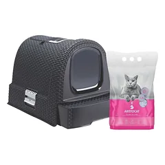 CURVER Kačių kraiko dėžė grafitinė/pilka + ARISTOCAT PREMIUM silikoninis kraikas katėms 3,8 l bekvapis