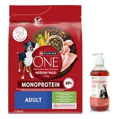 PURINA ONE Adult Medium/Maxi Maistas suaugusiems šunims, turtingas kalakutiena 2,5 kg + LAB V Lašišų aliejus šunims ir katėms 500ml