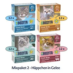 Bozita mišrus rinkinys Megapack Tetra kąsneliai, drėgnas maistas katėms 48 x 370 g, Megapack 1 in Gelee: Viel Huhn, Rinderhack, Kaninchen, Sterilised mit Hirsch — 5 nuotrauka