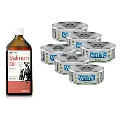 Farmina Vet Life Renal Cat 6x85g + Lab-V 100% lašišų aliejus įvairaus amžiaus šunims ir katėms 500ml šalto spaudimo