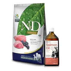 FARMINA N&D Prime canine LAMB & BLUEBERRY ADULT MEDIUM&MAXI DRY FOOD 12kg + Lab-V 100% lašišų aliejus įvairaus amžiaus šunims ir katėms 500ml šalto spaudimo