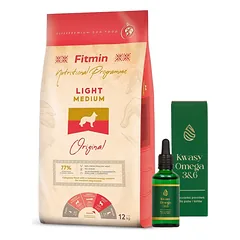 FITMIN Medium Light 12 kg + LAB-V Omega 3 ir 6 riebalų rūgštys bendrai šunų ir kačių sveikatos, kailio ir odos būklei gerinti 100ml