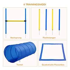 Agility rinkinys šunims su tuneliu, reguliuojamo aukščio barjeru, 4 slalomo kartimis ir starto aikštele, su krepšiu, geltonai mėlynas — 4 nuotrauka