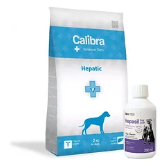 Calibra Veterinary Diets Dog Hepatic 2kg + Lab-v Hepasil Dog & Cat preparatas šunų ir kačių kepenų veiklai gerinti 250 ml