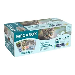 Bozita Megabox kąsneliai padaže, maišeliai, drėgnas maistas katėms 48 x 85 g