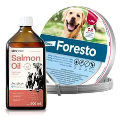 ELANCO Foresto Antkaklis šunims virš 8kg + Lab-V 100% lašišų aliejus įvairaus amžiaus šunims ir katėms 500ml šalto spaudimo