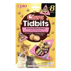 INABA Cat Churu Tidbits Tuna and Salmon Recipe 8x12g minkšti ir kreminiai skanėstai su tunu ir lašiša katėms
