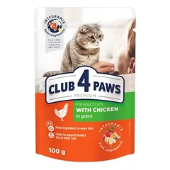 CLUB 4 PAWS Premium visavertis konservuotas maistas suaugusioms katėms su vištiena padaže 80g.x24vnt.